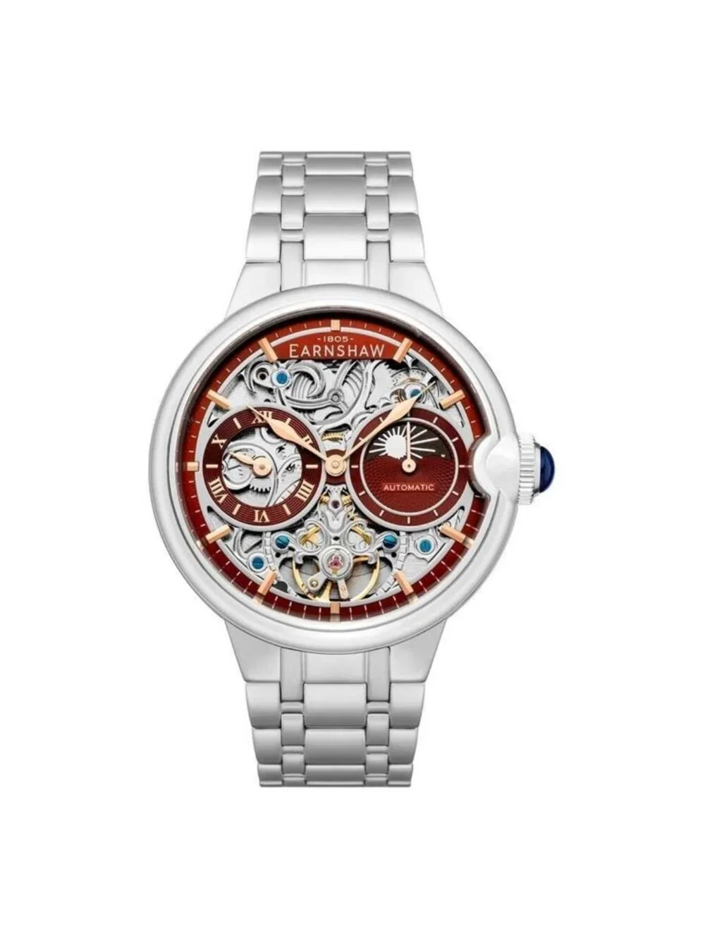 NWT Thomas Earnshaw Barallier Sun Moon Dual Time Automatic Red Dial Men's Watch